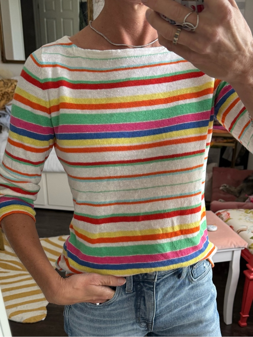 Lauren Ralph Lauren Linen Rainbow Stripe Boat Neck Sweater S Coastal